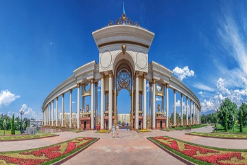Almaty city skyline with mountains, Medeu Ice Rink and Kok Tobe Hill