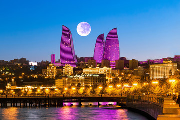 Baku city skyline with Caspian Sea, modern architecture and historic buildings