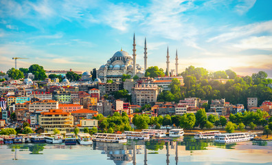 Istanbul city skyline featuring the Bosphorus, mosques, and historic architecture